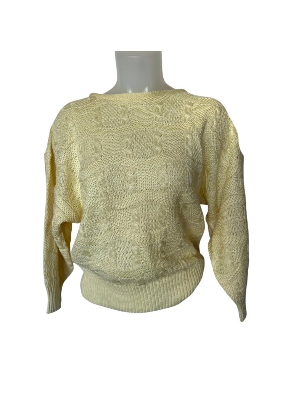 Vintage Cable Knit Boxy Sweater Womens Size Large Butter Yellow 3/4 Sleeve 90s